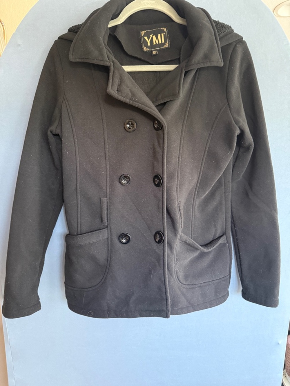 YMI Black Double-Breasted Pea Coat with Patch Pockets